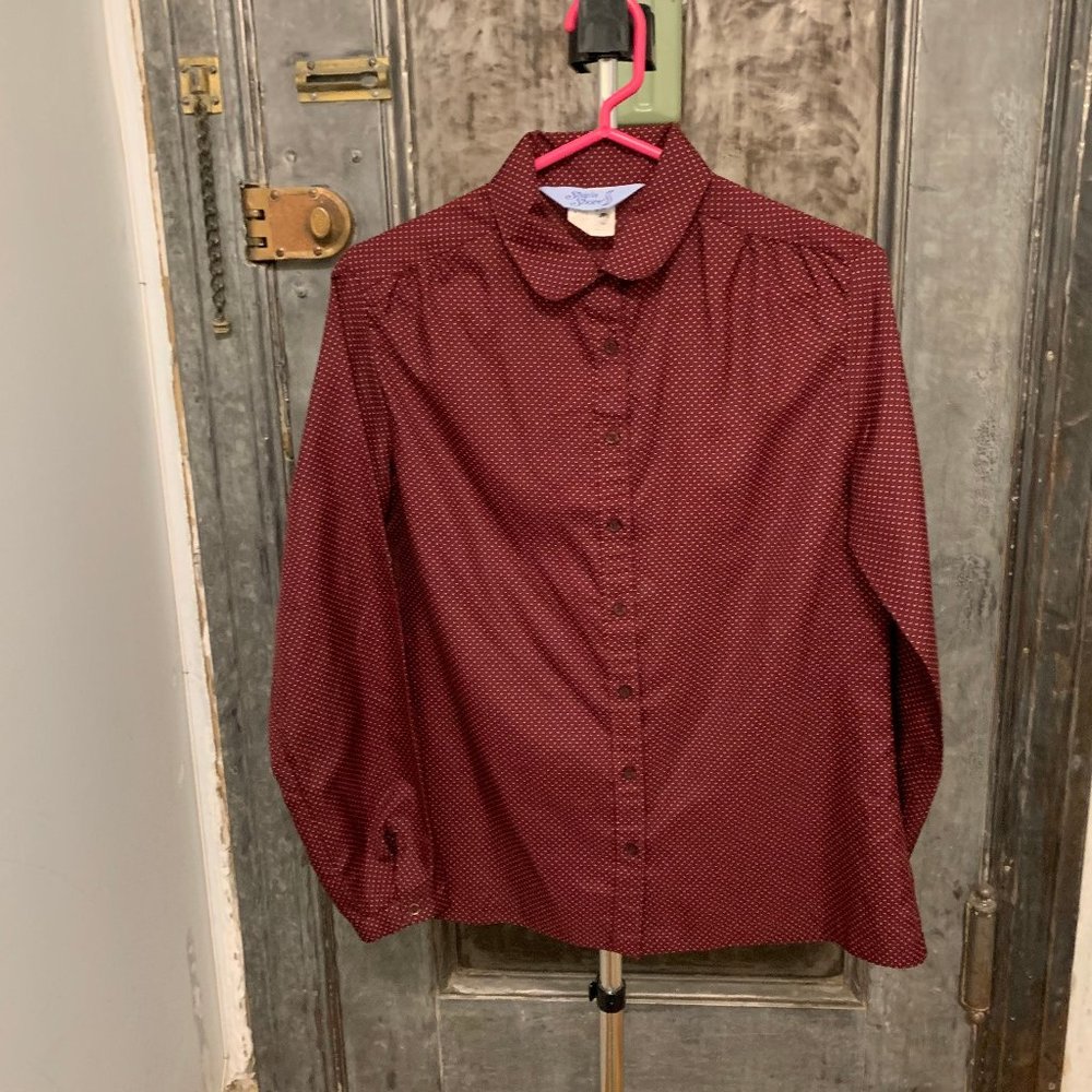 Vintage size 12 small xs 70s Ship 'n Shore silky feel burgundy and white polka d